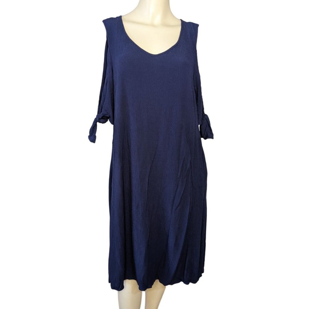 Soft Surroundings navy blue gauze Cold Shoulder Tassel back casual dress‎ L